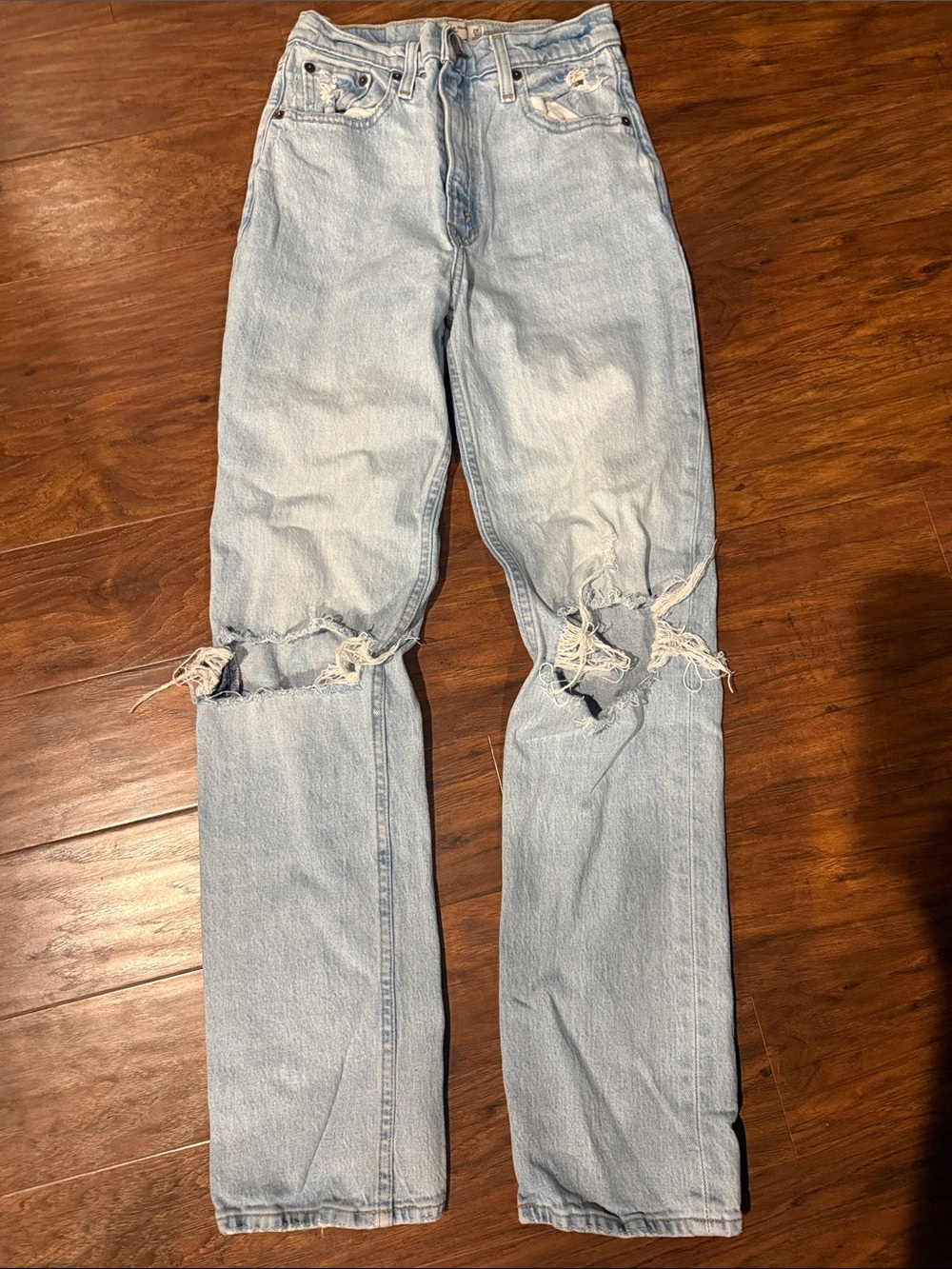 Abercrombie & Fitch Light Blue Straight Leg Jeans with Distressed Knees